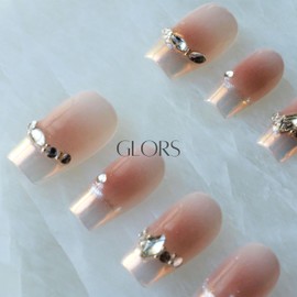 [GLORS] Purly Handmade Medium Ballerina Press on Nails | Moon Dream - French-style Pink Fake False Nail Tips with Diamond | Salon Quality in Medium Ballerina, 10 pieces (L, MB)