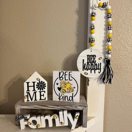 Bee Decor, Spring Summer Farmhouse Tiered Tray Decorations Set, Bee Decorative Wooden Signs Home Kitchen Decor for Table Shelf Mantel (A)
