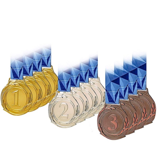 PARAOR 12 Pcs Large Size Metal Medals, Winner Gold Silver Bronze Award Medals with V Neck Ribbon for Events, Classrooms, Office Games and Sports, 2.55 Inch