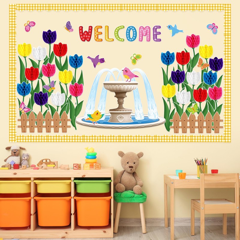 Pajean Welcome Bulletin Board Set 3D Tulip Flower Classroom Decorations