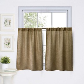 Valea Home Burlap Tier Curtains for Kitchen Rustic Tan Rod Pocket Curtains for Short Window 36 inch Linen Cafe Curtains, Set of 2