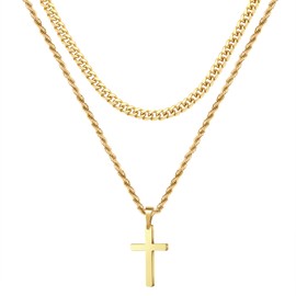 Yooblue Cross Necklace for Men, Stainless Steel Gold Layered Rope Chain Cross Pendant Necklace Jewelry, Gold Cuban Link Chain for Men Cross Chain for Men, Gold Chain for Mens