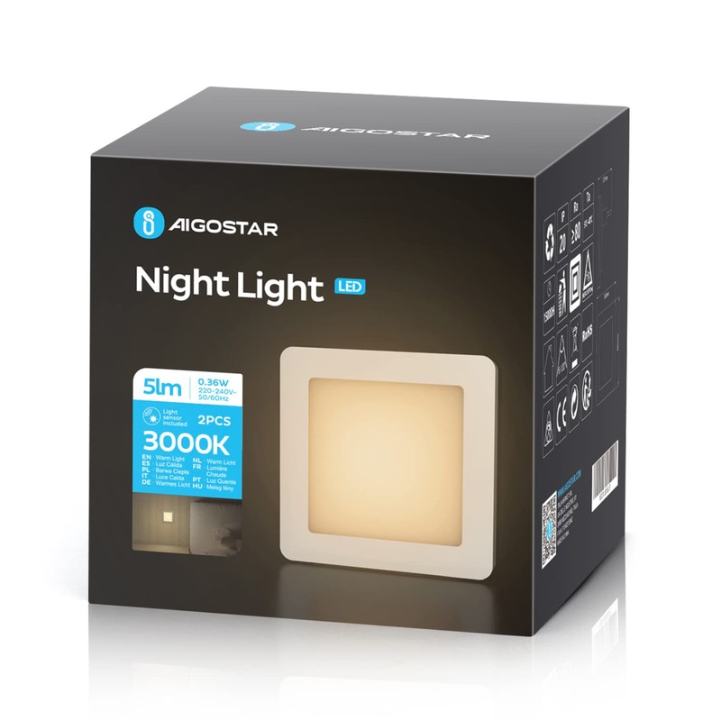 Aigostar Pack of 2 Night Light Socket with Twilight Sensor,