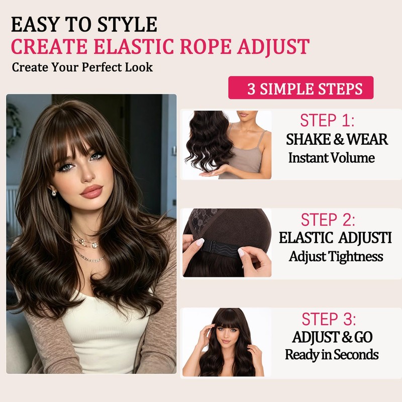 Fusenp Dark Brown Layered Wavy Synthetic Wig with Curtain Bangs