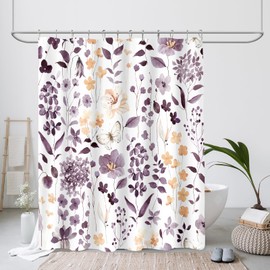MAYZUS Extra Long Shower Curtain 72 x 84 Inch, Tall Plum Floral Shower Curtains for Bathroom, Watercolor Flower Butterfly Fabric Shower Curtain Set with Hooks