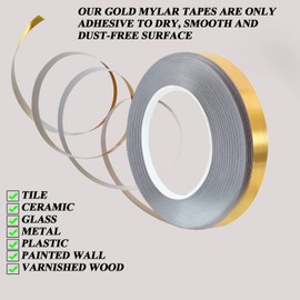 Gold Metalized Polyester Mylar Film Tape with Acrylic Adhesive, Vibrant Mirror-Like Finish, Gold Decor Tape for Detailing Accent Wall, Graphic Arts, Other DIY Project Design (0.4 inch x 55 yds)