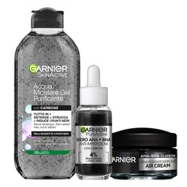 Garnier Kit SkinActive Micellar Water Purifying Gel, Serum AHA+BHA Against Imperfections and Air Cream AHA+BHA Mattifying Cream with Charcoal, Cleansed and Even Skin 400ml + 30ml + 50