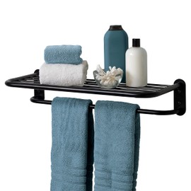 Zenna Home Hotel Style Bathroom Towel Shelf with Built in Towel Bar, Wall Shelf, Easy to Install Wall Mounted Storage, Black