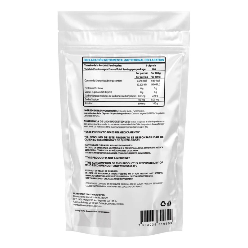 Wellthy Inositol Puro 600mg 180caps Sin sabor