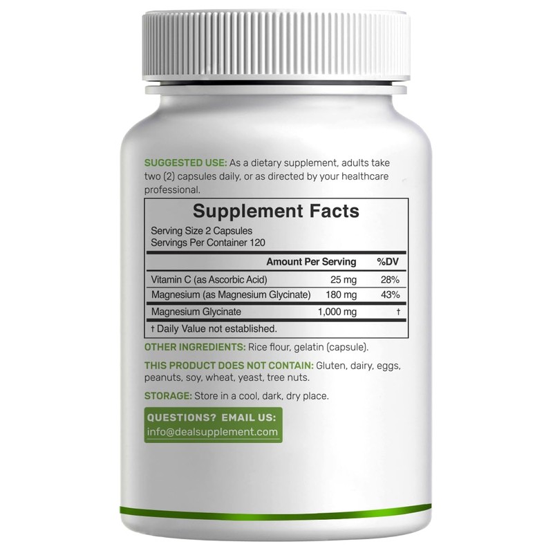 Magnesium Glycinate 500mg Per Capsule (1000mg Per Serving) Plus Vitamin