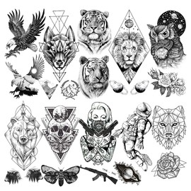 Laroi 10 Sheets of Large Temporary Tattoos for Men and Women - Animals, Lion, Tiger, Bear, Owl, Eagle, Moth, Death, Skull, AK Rifle, Totem, Waterproof Fake Black Arm Tattoo Stickers, Realistic