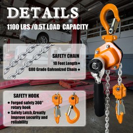 KITUYOTO Mini Lever Chain Hoist 1100 LBS 0.5 Ton Capacity 10Ft Ratchet Chain Puller Hoist with G80 Chain and 2 Heavy Duty Hooks for Lifting Pulling Garages Automotive Machinery Warehouse Building