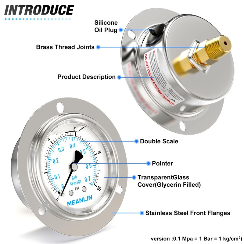 MEANLIN MEASURE 0~10Psi Liquid Filled Pressure Gauge Front Flange Panel