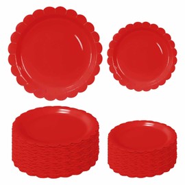 FALIZIFU 50 Pcs Red Scalloped Paper Plates 25 × 7'' and 25 × 9'' Disposable Red Scalloped Dinner Plates for Wedding Baby Shower Birthday Party Disposable Dessert Plate