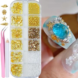 JFIYUOMCI 12 Grids Summer Nail Charms, 3D Metal Studs Jewelry - Seashell Starfish Conch, Gold Nail Rhinestones Gems Pearls Crystal, Ocean Nails Designs for Manicure DIY Accessories