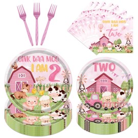 Lovarywow Farm Theme Birthday Decorations - 96PCS Oink Baa Moo Im Two Party Decorations Party Plates Napkins Forks Tableware Set Disposable Farm Animals 2nd Birthday Decor Supplies for Girl Serve 24