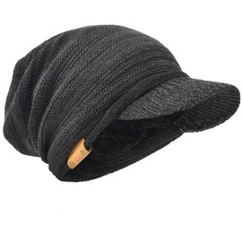 HISSHE Men's Thick Knit Newsboy Cap Visor Beanie Hat Fleece Lined Multicolor B319 (Dgrey-Black)(Size:L)