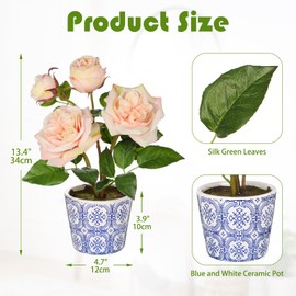 Hollyone Light Pink Roses Artificial Flowers in Blue and White Porcelain Vase 13.4" Fake Roses Flower Arrangement Artificial Plants & Flowers Potted Faux Silk Rose Flower with Ceramic Pot Home Decor