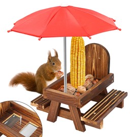 Squirrel Feeder Picnic Table with Umbrella, Carbonized Wood Squirrel Feeder with Corn Cob Holder Structure Solid Durable Picnic Table for Squirrel and Chipmunk