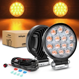 Nilight 4.5Inch 42W 4200LM Amber LED Light Pods Round Flood Light Off Road Lights Fog Lights Driving Roof LED Work Light with 16AWG Wiring Harness Kit-2 Leads
