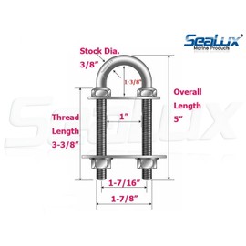 SeaLux Marine Boat Bow Eye Stern Eye U Bolt Tie Down 3/8" Stock, 5" Overall Length, 3-3/8" Thread Length with Hex Nuts and Split washers-SL878805850CW