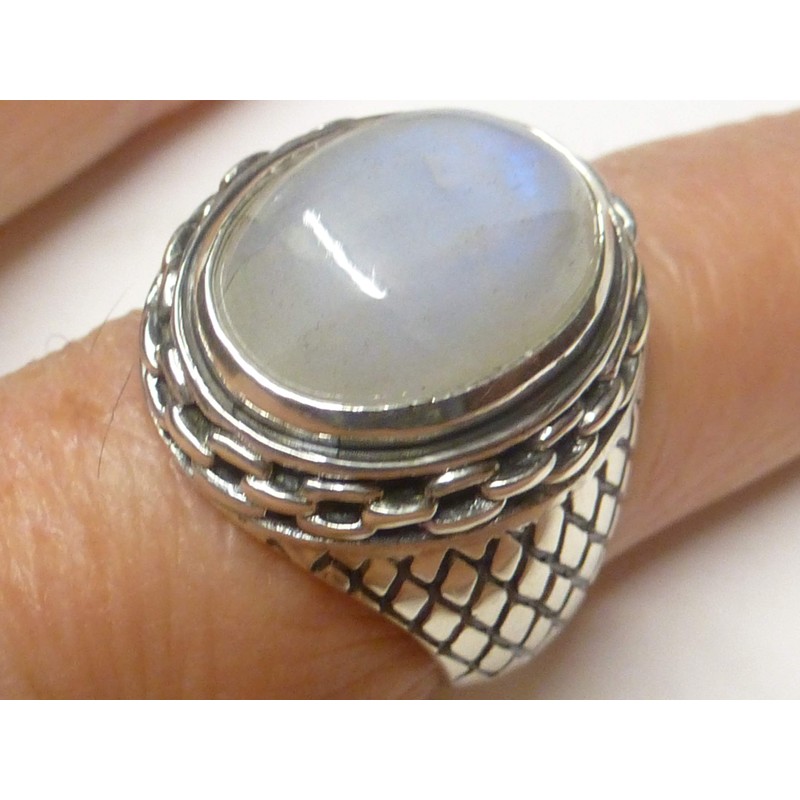 Genuine Moonstone Men's Solid Sterling Silver Ring Size 62, Sterling