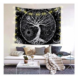 SIGIS - Tapiz de árbol de la vida, Tapiz Blanco y Negro Estético, Tapiz de Sol y Luna, Galaxia, Espacio, Estrella, Tapiz de Pared Negro para Dormitorio (59 x 78 pulgadas)