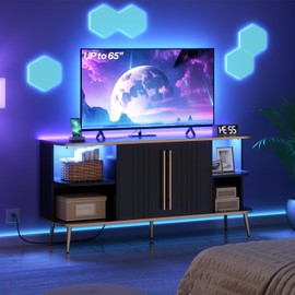 HOOBRO Modern TV Stand with Charging Station for 65" TVs, LED Entertainment Center with Storage, Media TV Console Table with Adjustable Shelf, for Living Room, Bedroom, Black and Gold BD65UDDS01