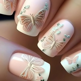 Press on Nails Medium Square OFDNE White French Tip Fake Nails Pink False Nails with Designs Butterfly Flower Full Cover Glossy Glue on Nails Acrylic Nails Stick on Nails for Women Girls 24 Pcs