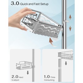 ALLZONE Corner Shower Caddy Tension Pole, Quick to Install, Easy to Adjust, Rust-Free Stainless Steel Shower Organizer Corner and Storage Shelves, Drill Free, Extends From 34 up to 116 Inch Tall