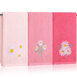Tingjoo Daisy Floral Hand Towels Farmhouse Pink Daisy Bathroom Decor 14x29 Inch Embroidered Decorative Cute Summer Flowers Cotton Soft Absorbent Towels for Bathroom Kitchen