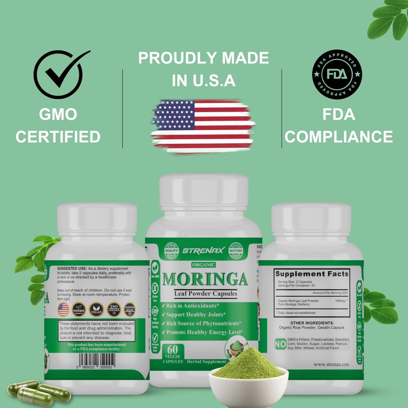 STRENAX STRENAX Organic Moringa Powder Capsules C Natural Dietary Supplement