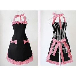 CCHAMP Cute Girls Black Apron with Pockets, red Bowknot Apron for Women, lady kitchen apron with red plaided ruffles hem for Cooking Baking BBQ Cafe Waiter Bartender Chef Apron