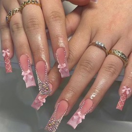 SEMATA Pink French Tip Press on Nails Square Acrylic Fake Nails Press Ons with Glue Bling Rhinestones Long Cute Stick on Nail with Designs 24Pcs Artificial Glue on False Nail for Women 12 Sizes