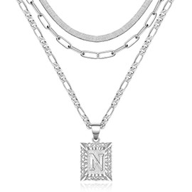 KissYan Layered Silver Initial Necklaces Set for Womens, 14K White Gold Plated Letter N Pendant Necklace Paperclip Snake Choker Alphabets from A-Z Figaro Chain Necklace Jewelry Gift(Silver N)