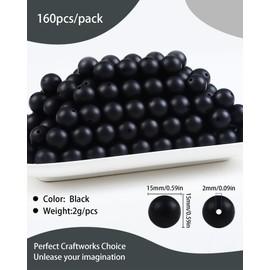 LIENATSER 160Pcs 15mm Round Beads Bulk Kit - Silicone Focal Beads for Keychain, Necklace, Jewelry, Art & DIY Crafts (Black)