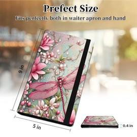 Server Books for Waitress Booklet Waitstaff Organizer Zipper Pocket,Fit Waitress Apron,Guest Check Books for Servers Waitress Notepad Check Presenters for Restaurants 5" x 9",Pink Flowers Dragonfly