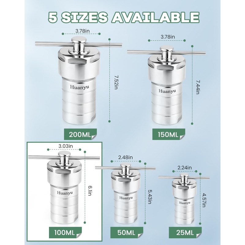 Huanyu 100ml PTFE Lined Hydrothermal Synthesis Autoclave Reactor 200℃ 4Mpa