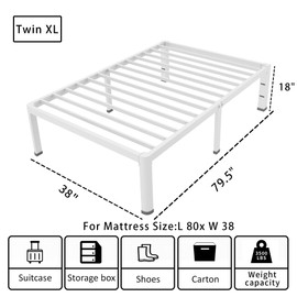 ROIL 18 Inch White Twin XL Bed Frame with Rounded Corner and Headboard Hole Mattress Retainers 3500LBS Heavy Duty Steel Slats No Box Spring Needed Platform Noise-Free Easy Assembly