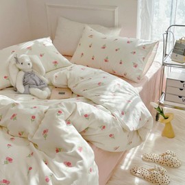 Nayoroom Pink Floral Duvet Cover Queen Size Cute Tulip Printed on White Comforter Cover 3Pcs Kids Girls Kawaii Cottagecore Bedding Set with Zipper Closure Soft Breathable Microfiber