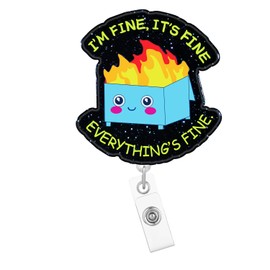 Arakulago Funny ER Nurse Dumpster Fire Badge Reel Retractable Holder with ID Clip I'm Fine It's Fine Everything's Fine Glitter Acrylic Nursing Name Badge Clip Accessories Badge Reels Holder Medical