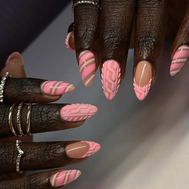 24pcs Pink Press on Nails Medium Almond Fake Nails with 3D Stripe Designs Glue on Nails Pink French Tip False Nails French Nail Supplies Glitter Full Cover Stick on Nails for Women Nail Decoration