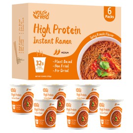 VOLO VERO Ramen Soup Cup Protein (32g) Instant Noodles, Plant-Based, Vegan, Low Carb, Spicy Kimchi Flavor, Non-Fried, Low Fat, 6 Pack Healthy Asian Meal, Egg-Free, Dairy-Free