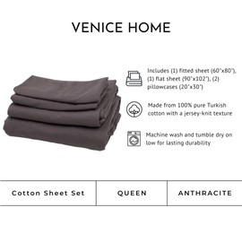 Venice Home 100% Cotton Bed Sheet Set with Deep Pocket - T-Shirt Fabric Jersey Knit - Extra Soft - Easy Fit - 4 Piece Set with Pillowcases - All Season - Comfy – 4 pcs (Anthracite, Queen)