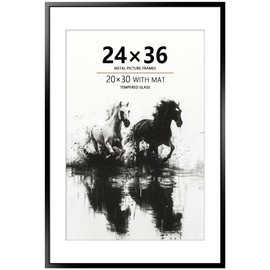 Tinkeps 24x36 Metal Poster Frame, 24 x 36 inches Aluminum Picture Frame with Mat for 20x30 Photo, Tempered Glass Cover, Black Wall Hanging Photo Frame for Home Décor