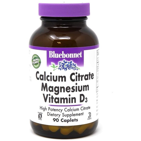 Bluebonnet Nutrition Calcium Citrate Magnesium Plus Vitamin D3 Caplets, Bone Health & Muscle Relaxation, Non GMO, Gluten, Soy & Milk Free, Kosher, White, 90 Count