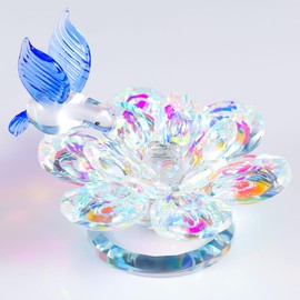 Movdyka Crystal Figurine Lotus Flower Decor Blue Hummingbird Gifts for Women Glass Ornaments Sparkle Crysta Reflection Lotus Flower Glass Home Decor