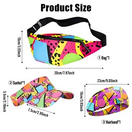 3 Pcs 80s 90s Fanny Pack Outfits Sun Visor Hat Fashion Adjustable Waist Bag Headband for Men Women Novelty Accessories