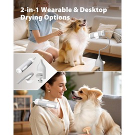 L&W BROS. 2-in-1 Pet Hair Dryer with Clamp Stand – Wearable & Hands Free Dog Grooming Dryer, 950W Low Noise Blower with 5 Heat & 3 Speed Settings, for Small to Medium Pets (White)