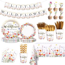 AIBIIN 218Pcs Wildflower Baby Shower Decorations for Girls, Wildflower Party Decorations Include Plates Cup Napkin Tablecloth Tableware Banner Cupcake Topper Wildflower Baby Shower Party Supplies
